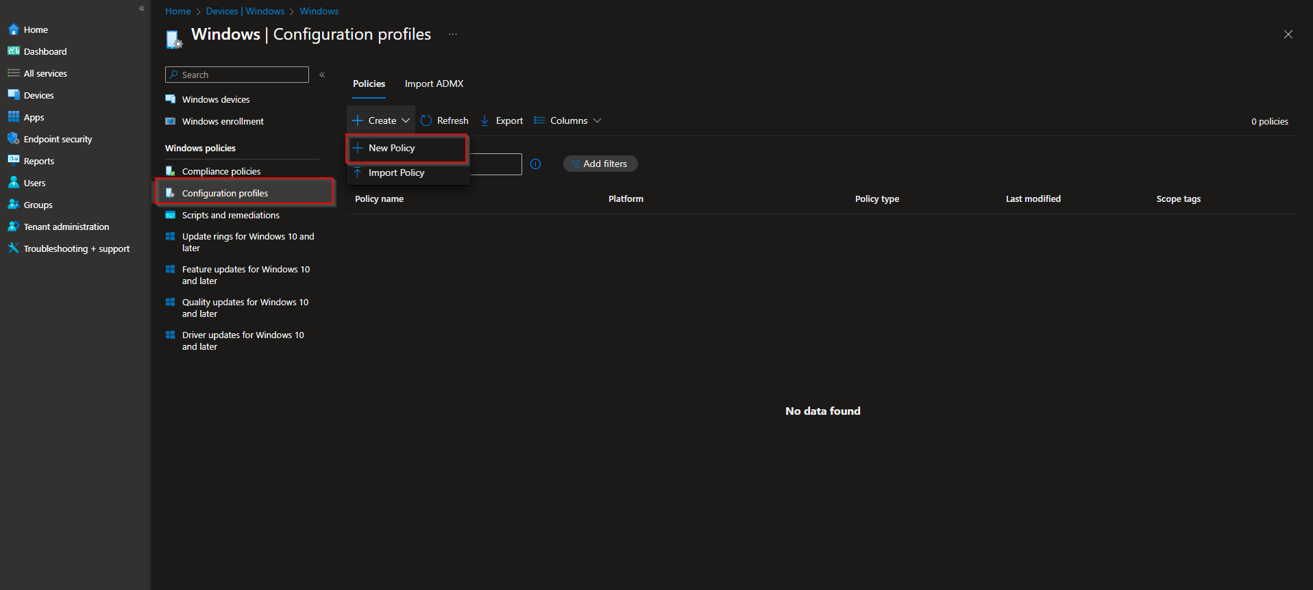 Creating a new configuration profile in Intune
